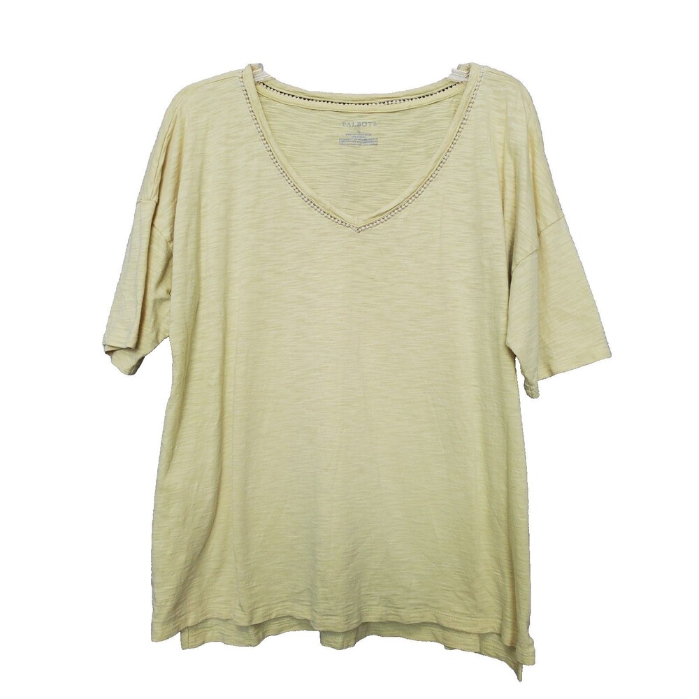 Talbots Yellow Slub-Cotton Blend Short Sleeve V-Neck T-Shirt Size XL